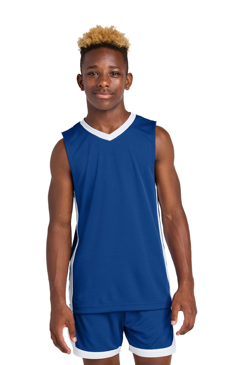 Sport-Tek YST900 Youth Rival Basketball Moisture Wicking Reversible Jersey Tank Top True Royal Blue/White Model Front