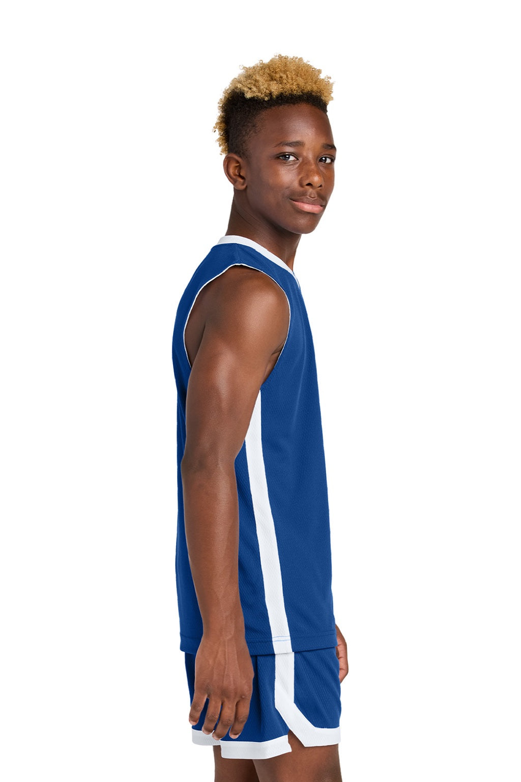Sport-Tek YST900 Youth Rival Basketball Moisture Wicking Reversible Jersey Tank Top True Royal Blue/White Model Side