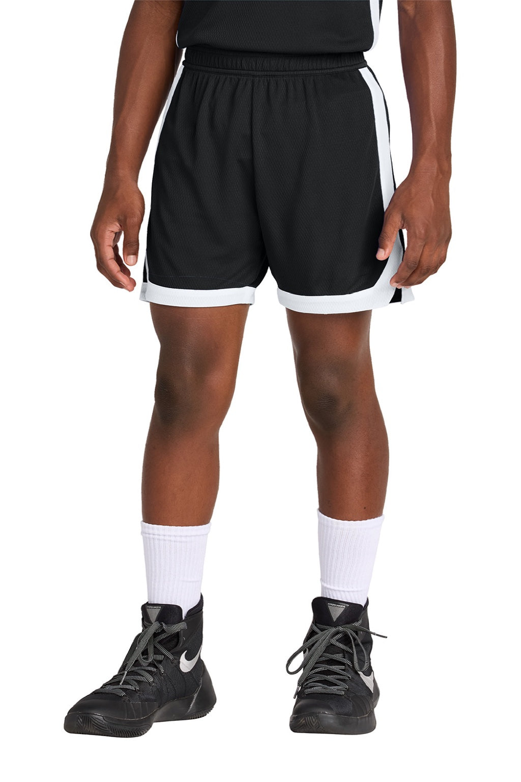 Sport-Tek YST901 Youth Rival Moisture Wicking Basketball Shorts Black/White Model Front