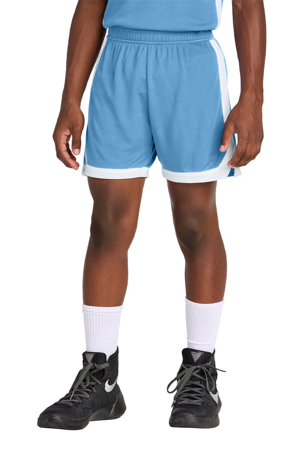 Sport-Tek YST901 Youth Rival Moisture Wicking Basketball Shorts Carolina Blue/White Model Front