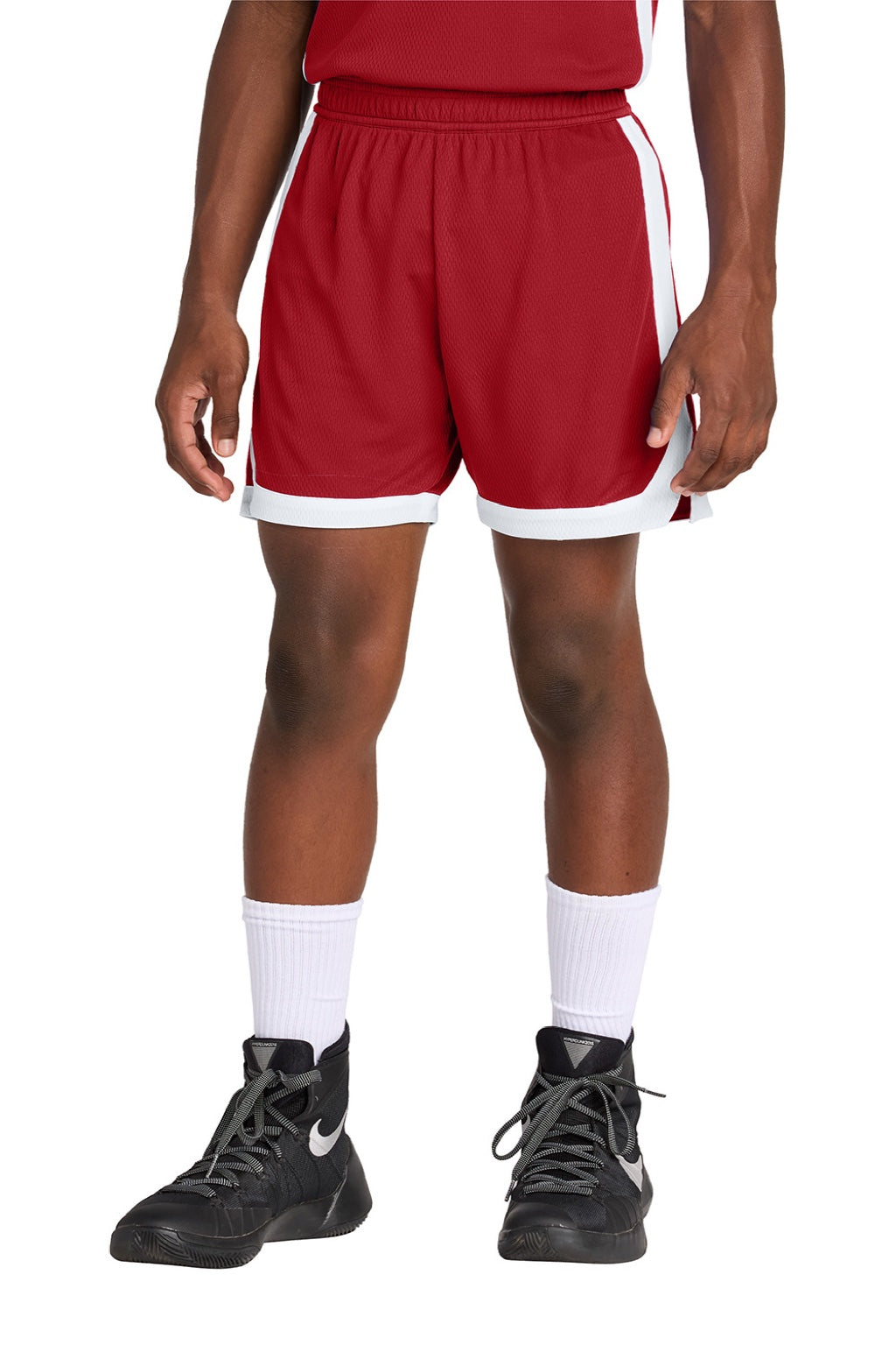 Sport-Tek YST901 Youth Rival Moisture Wicking Basketball Shorts Deep Red/White Model Front