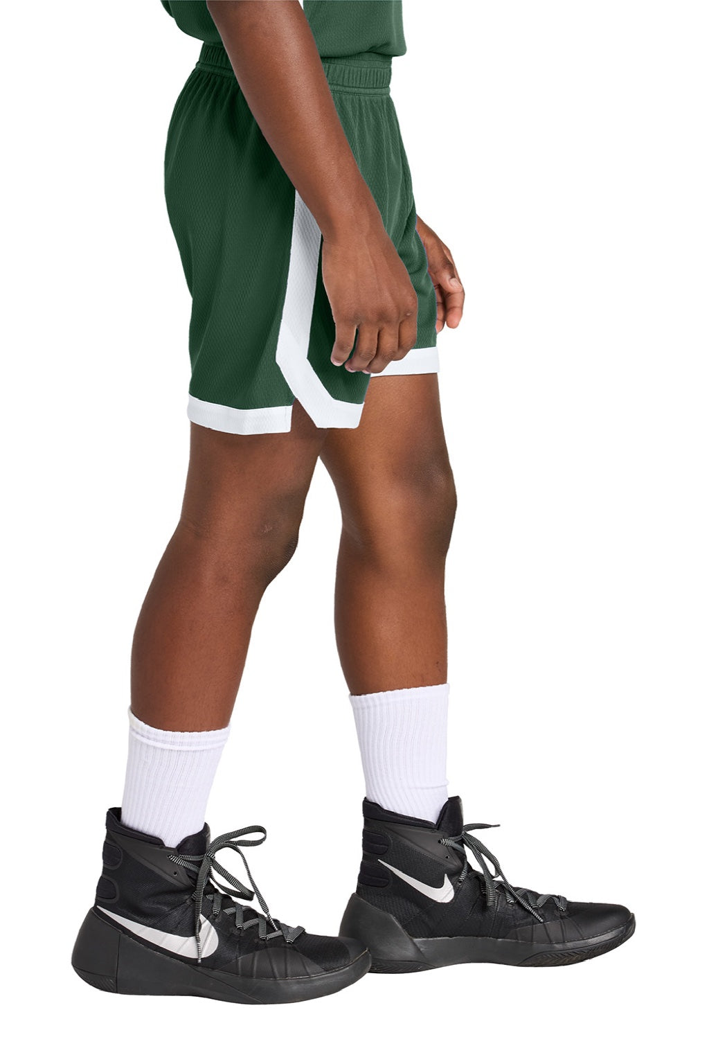Sport-Tek YST901 Youth Rival Moisture Wicking Basketball Shorts Forest Green/White Model Side