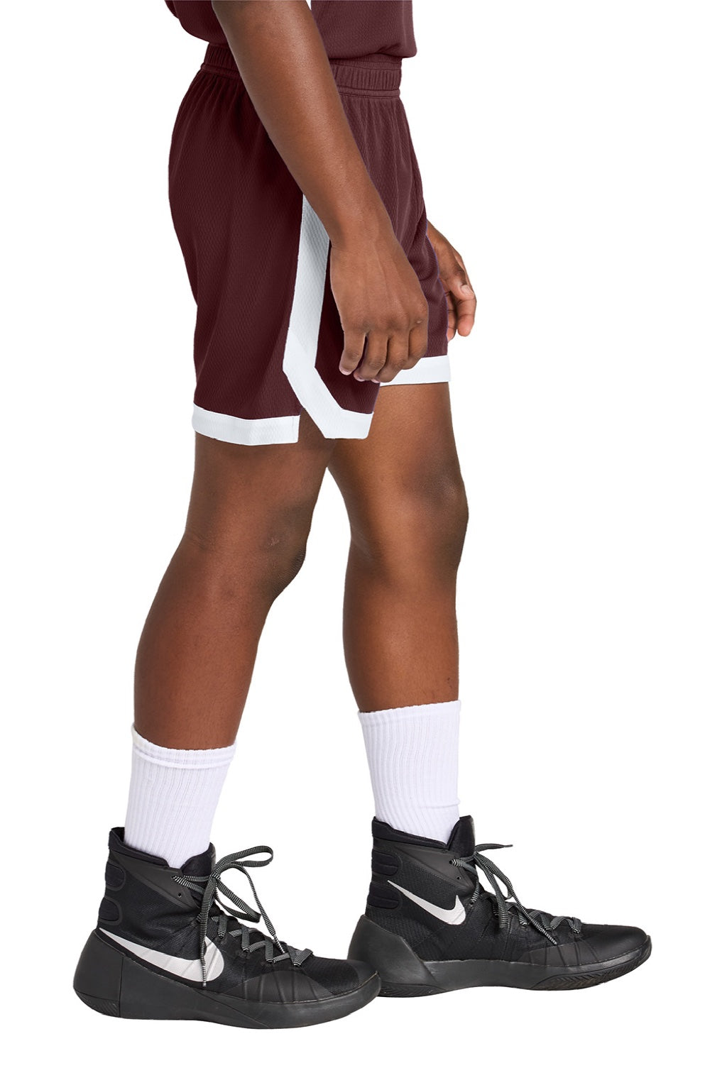 Sport-Tek YST901 Youth Rival Moisture Wicking Basketball Shorts Maroon/White Model Side