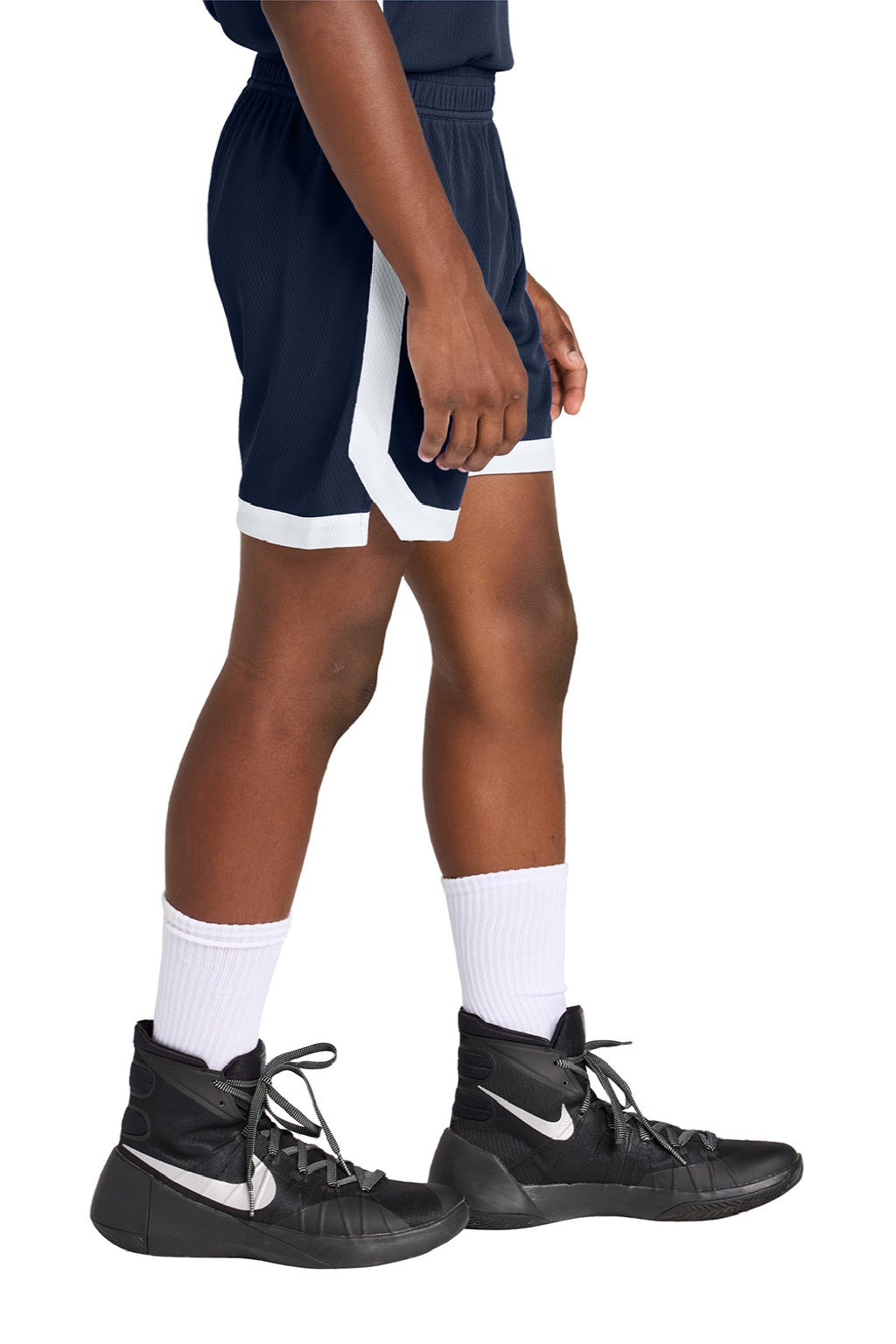 Sport-Tek YST901 Youth Rival Moisture Wicking Basketball Shorts True Navy Blue/White Model Side