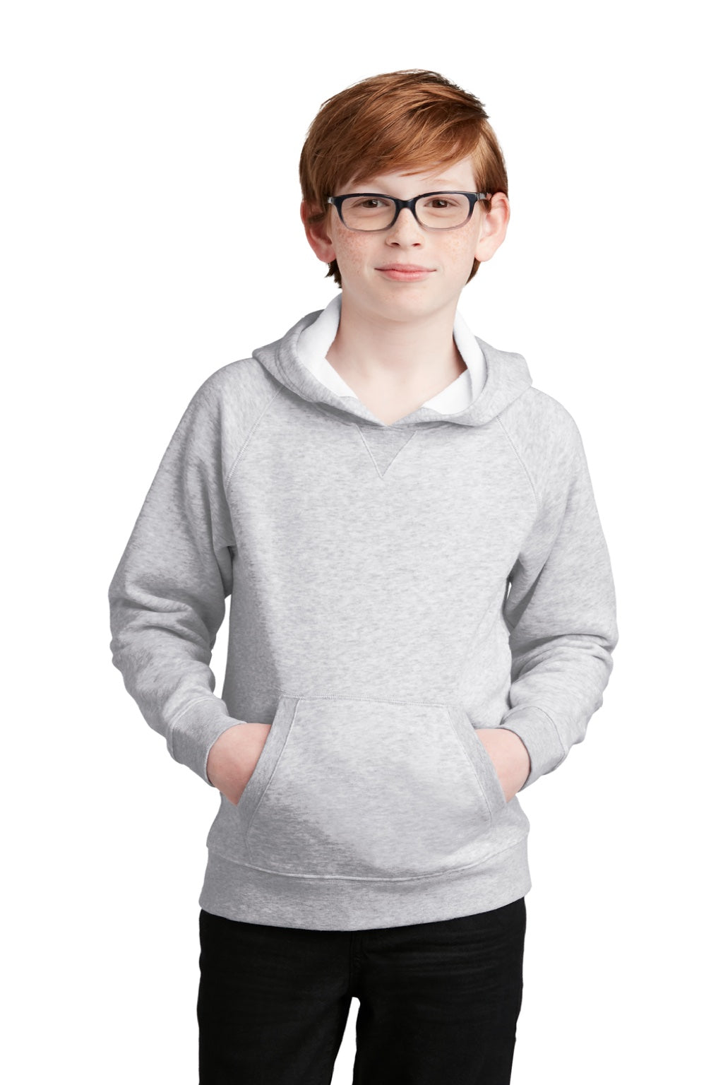 Sport-Tek YSTF200 Youth Drive Fleece Hooded Sweatshirt Hoodie w/ Pouch Pocket Heather Grey Model Front