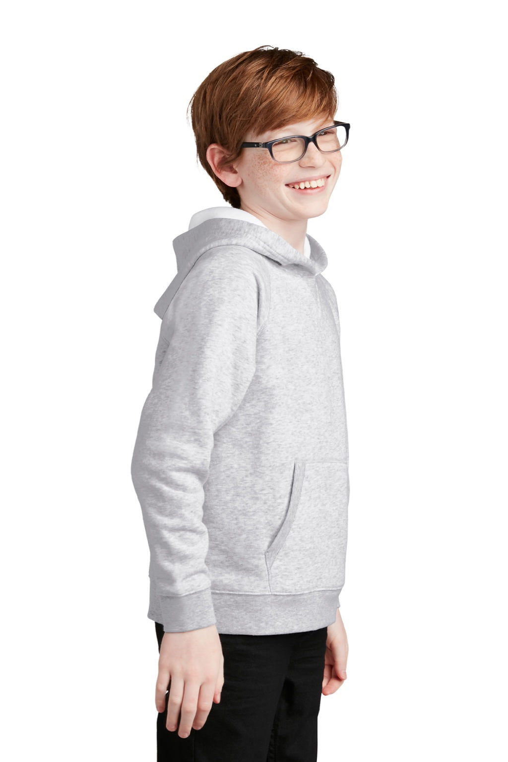 Sport-Tek YSTF200 Youth Drive Fleece Hooded Sweatshirt Hoodie w/ Pouch Pocket Heather Grey Model Side