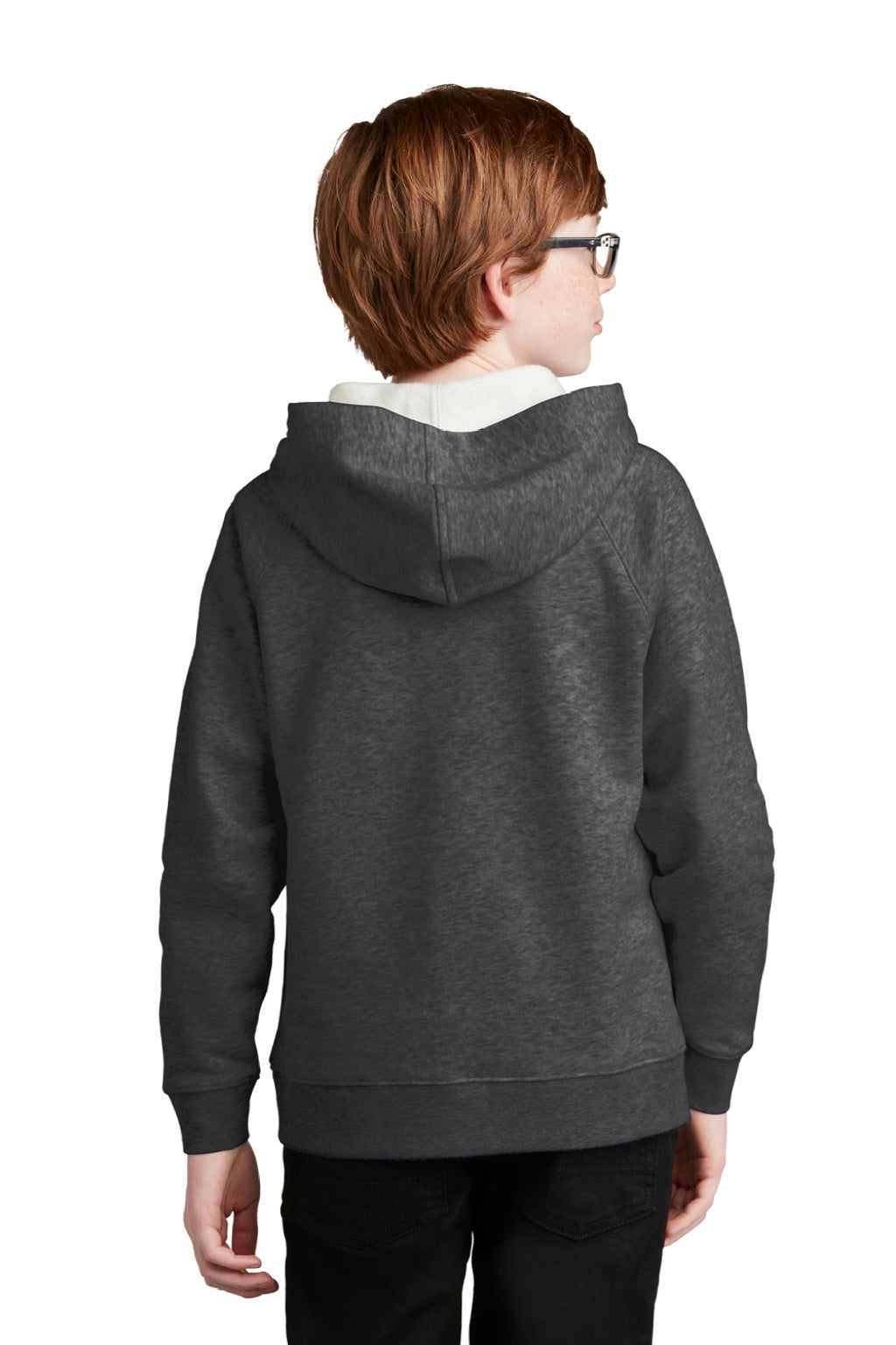 Sport-Tek YSTF200 Youth Drive Fleece Hooded Sweatshirt Hoodie w/ Pouch Pocket Heather Graphite Grey Model Back