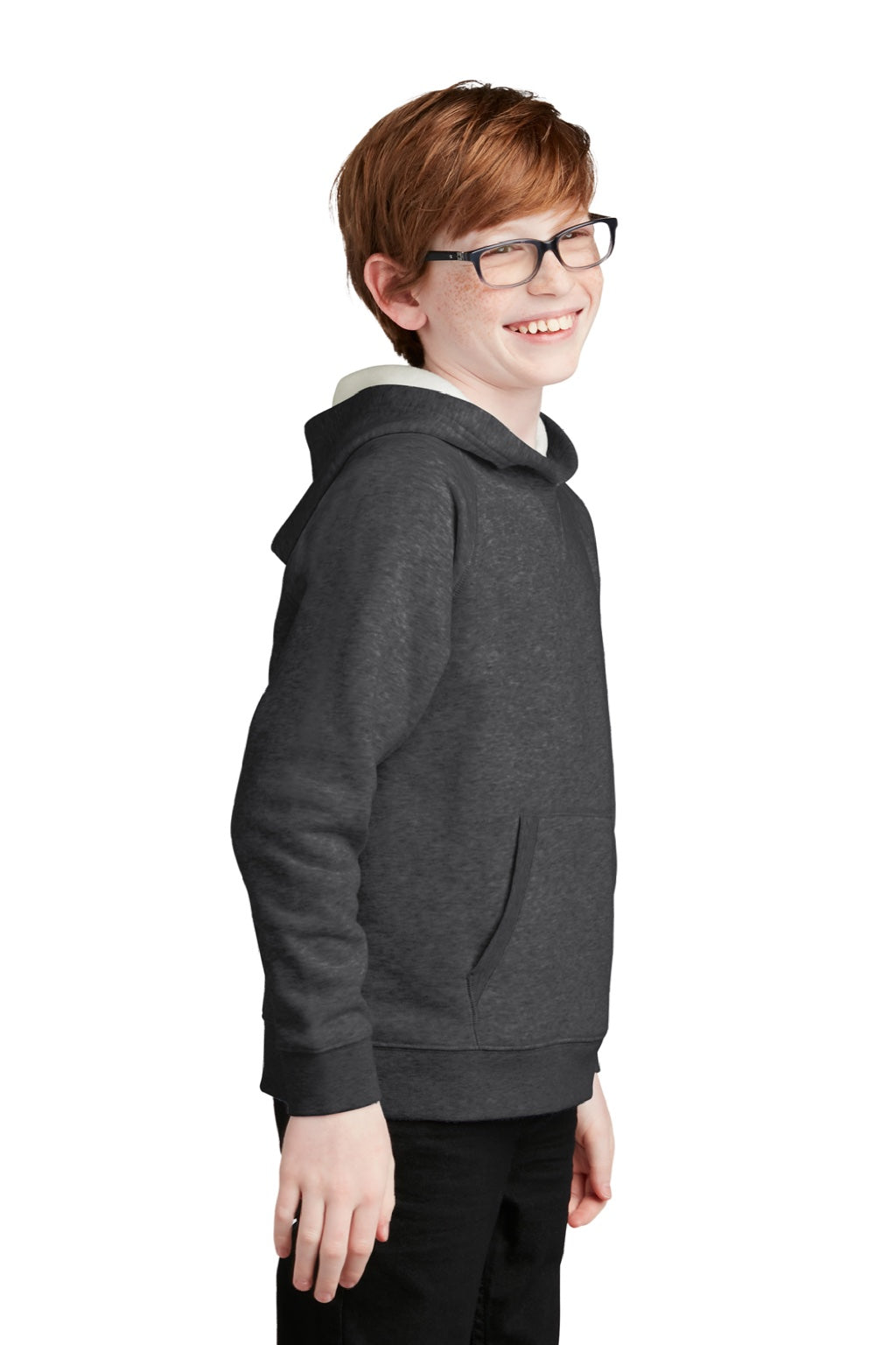 Sport-Tek YSTF200 Youth Drive Fleece Hooded Sweatshirt Hoodie w/ Pouch Pocket Heather Graphite Grey Model Side