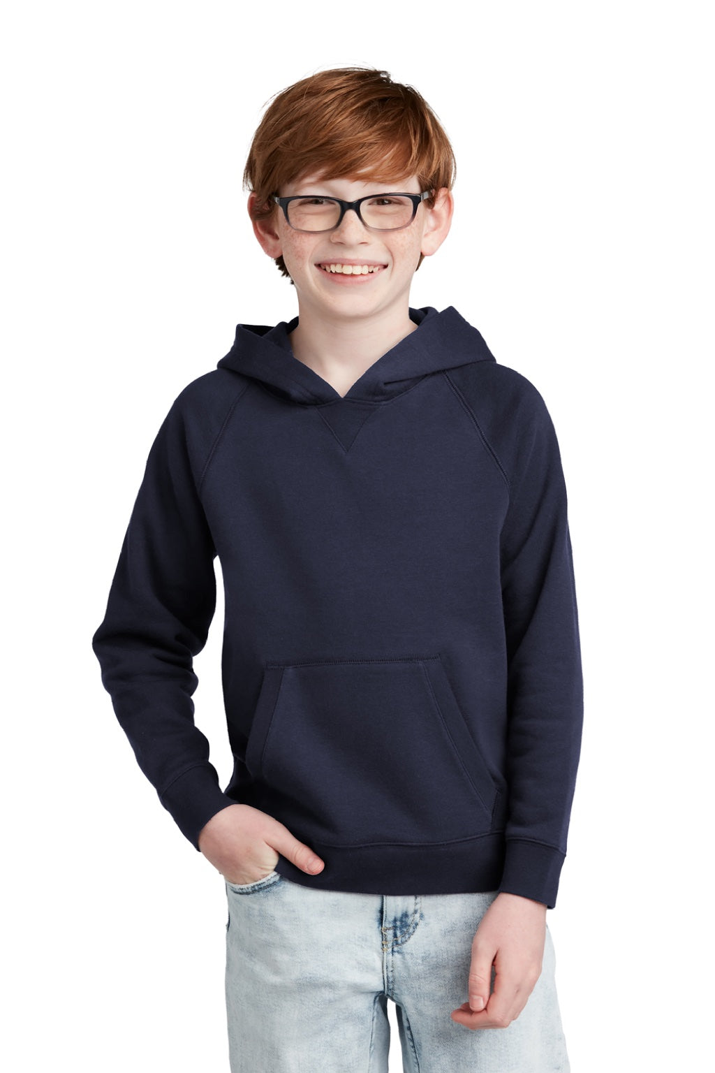 Sport-Tek YSTF200 Youth Drive Fleece Hooded Sweatshirt Hoodie w/ Pouch Pocket True Navy Blue Model Front