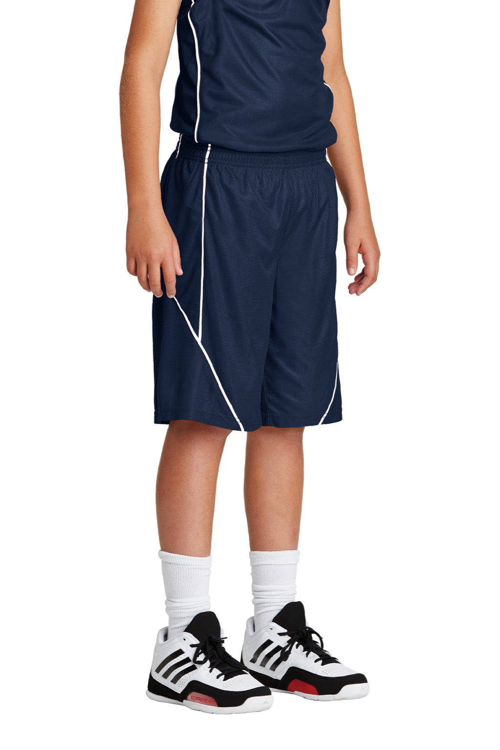 Sport-Tek YT565 Youth Moisture Wicking Mesh Reversible Spliced Shorts True Navy Blue Model 3q