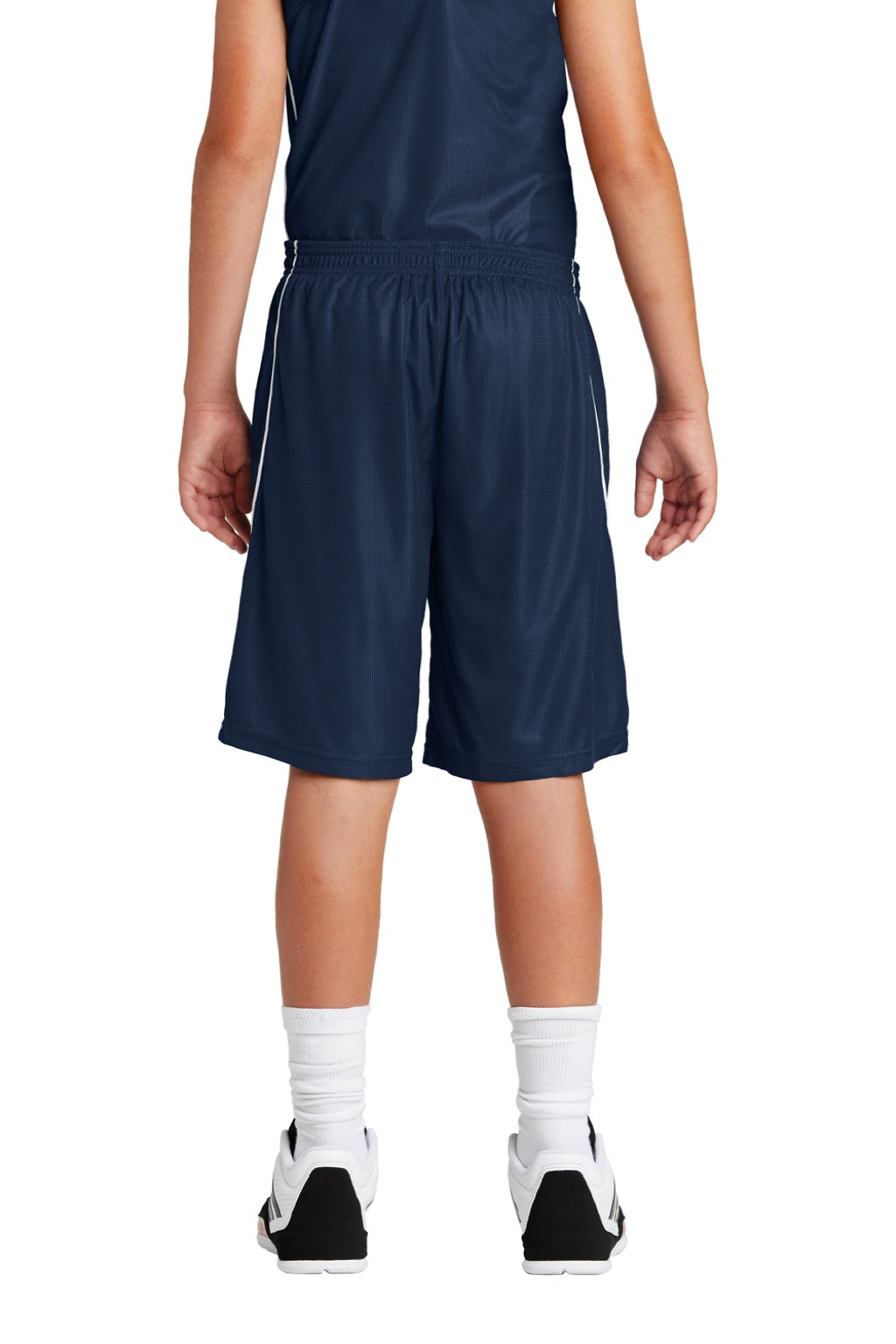 Sport-Tek YT565 Youth Moisture Wicking Mesh Reversible Spliced Shorts True Navy Blue Model Back