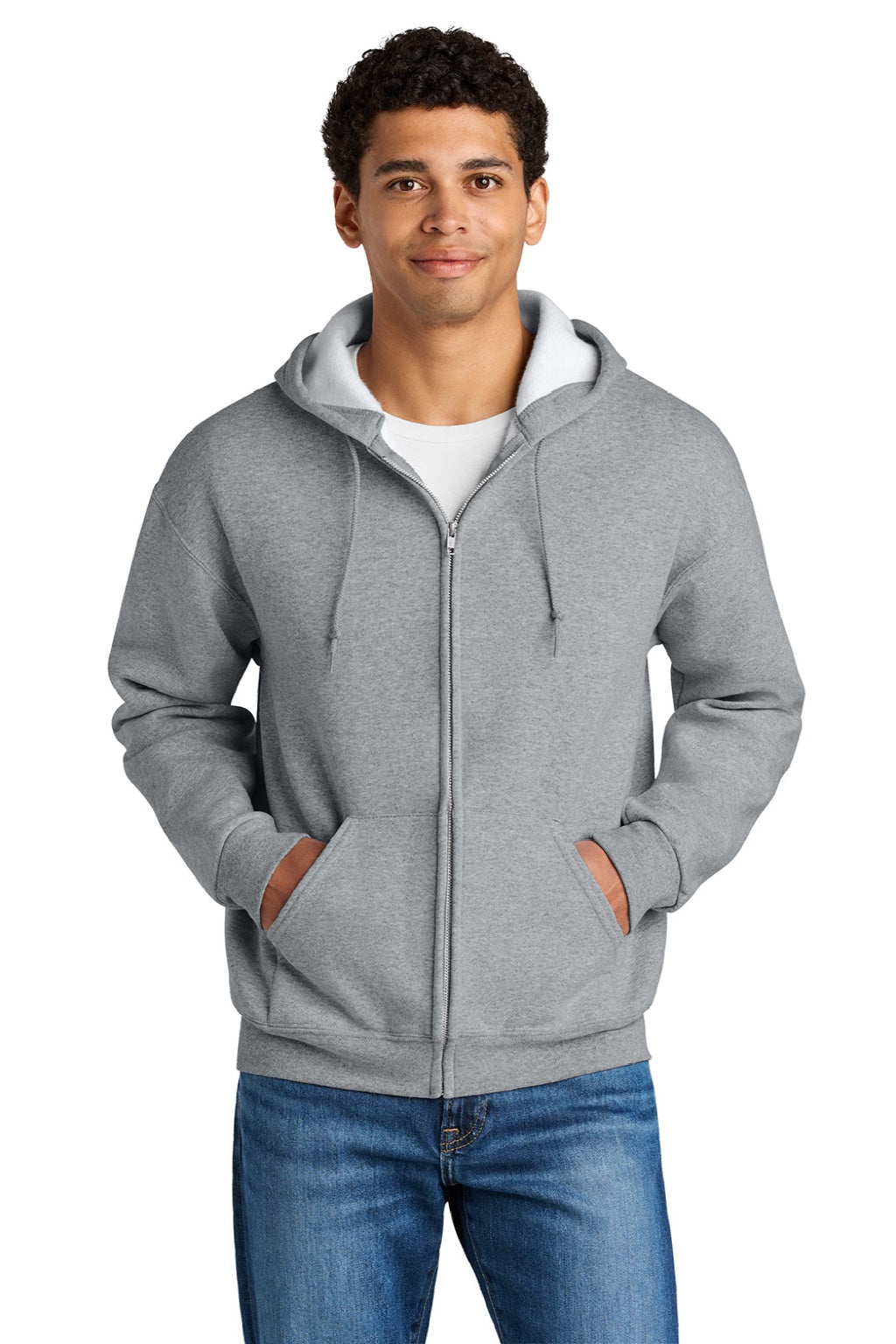 Jerzees Z12M Mens Rugged Full Zip Hooded Sweatshirt Hoodie w/ Pockets Heather Grey Model Front