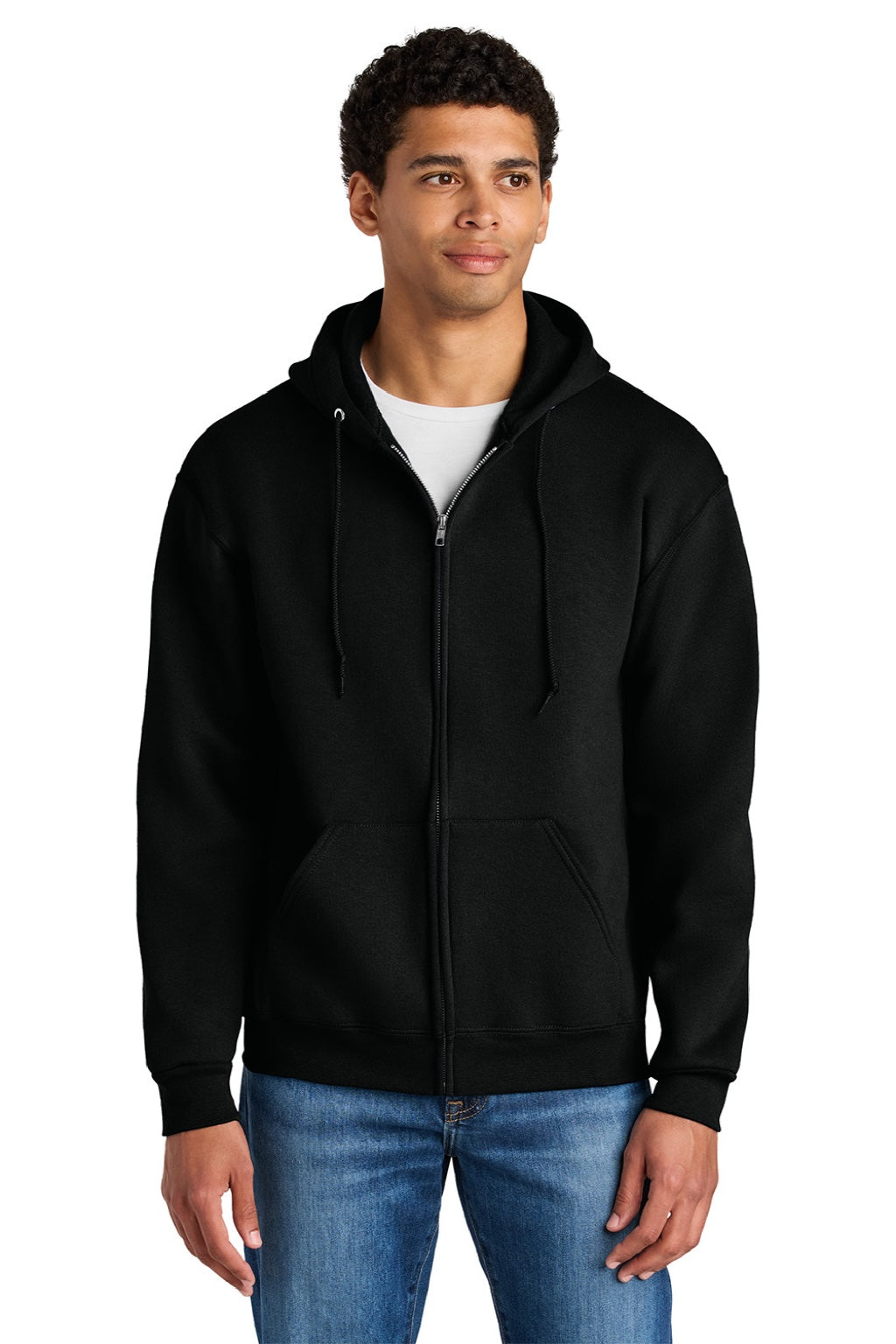 Jerzees Z12M Mens Rugged Full Zip Hooded Sweatshirt Hoodie w/ Pockets Black Ink Model Front