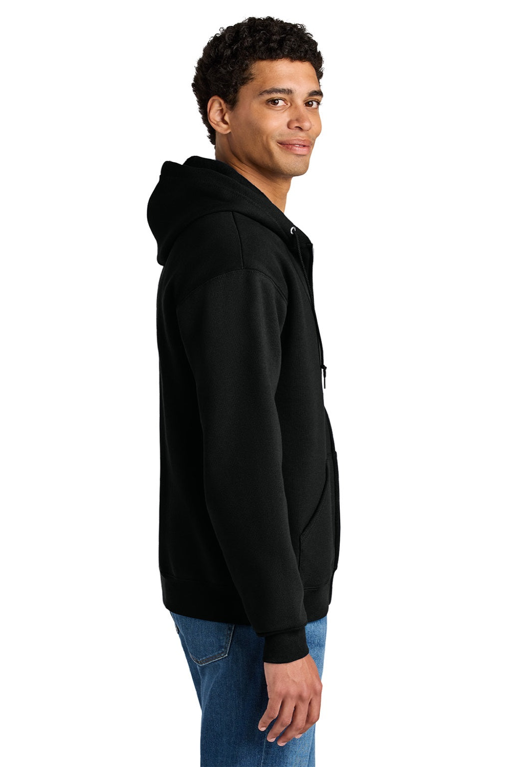 Jerzees Z12M Mens Rugged Full Zip Hooded Sweatshirt Hoodie w/ Pockets Black Ink Model Side