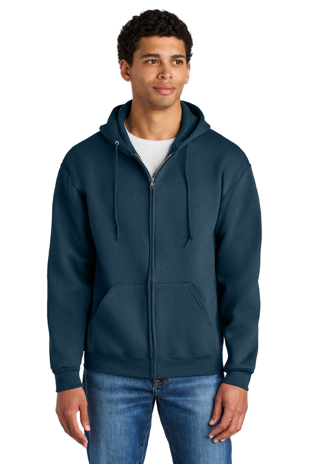 Jerzees Z12M Mens Rugged Full Zip Hooded Sweatshirt Hoodie w/ Pockets Washed Navy Bue Model Front