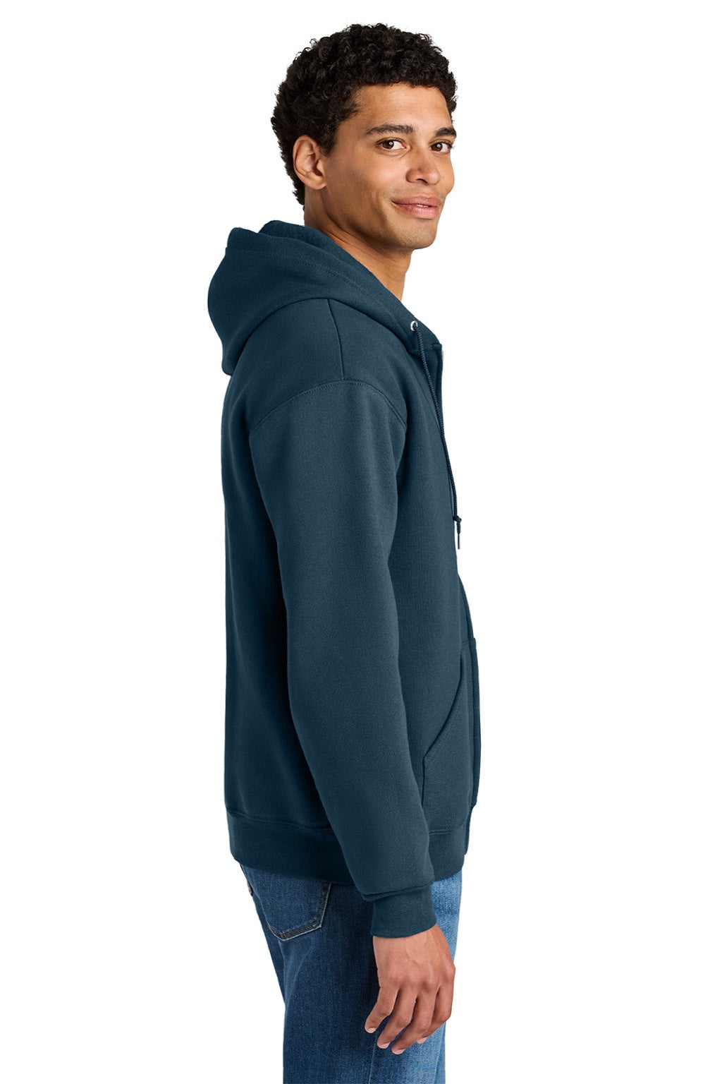 Jerzees Z12M Mens Rugged Full Zip Hooded Sweatshirt Hoodie w/ Pockets Washed Navy Bue Model Side