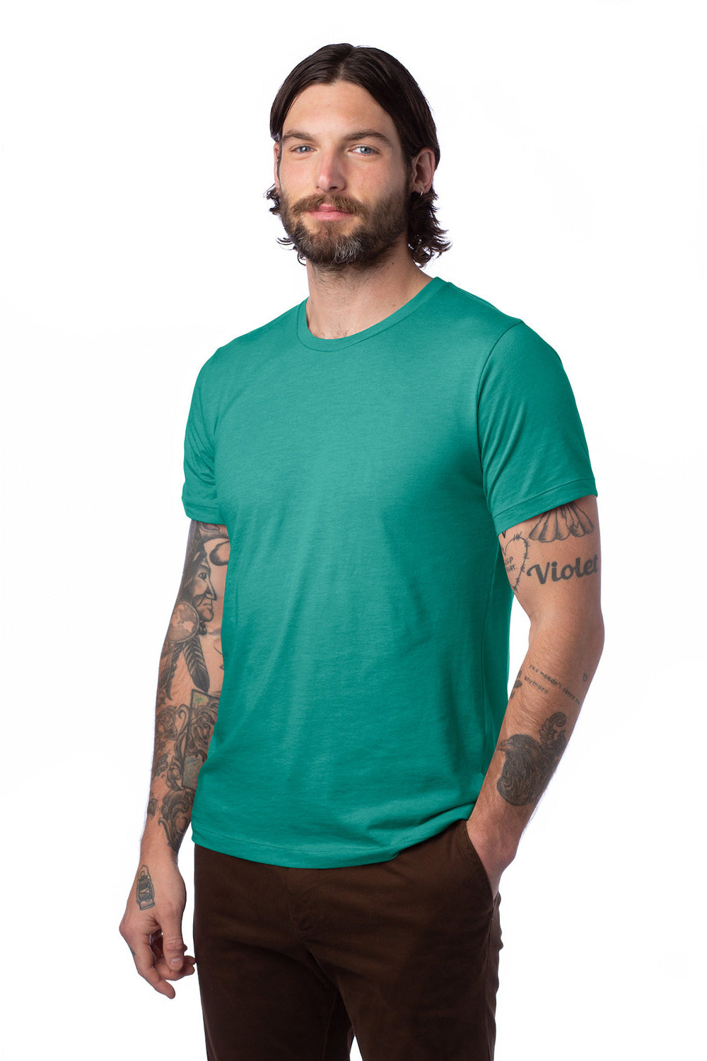 Alternative AA1070/1070 Mens Go To Jersey Short Sleeve Crewneck T-Shirt Aqua Tonic Green Model 3Q