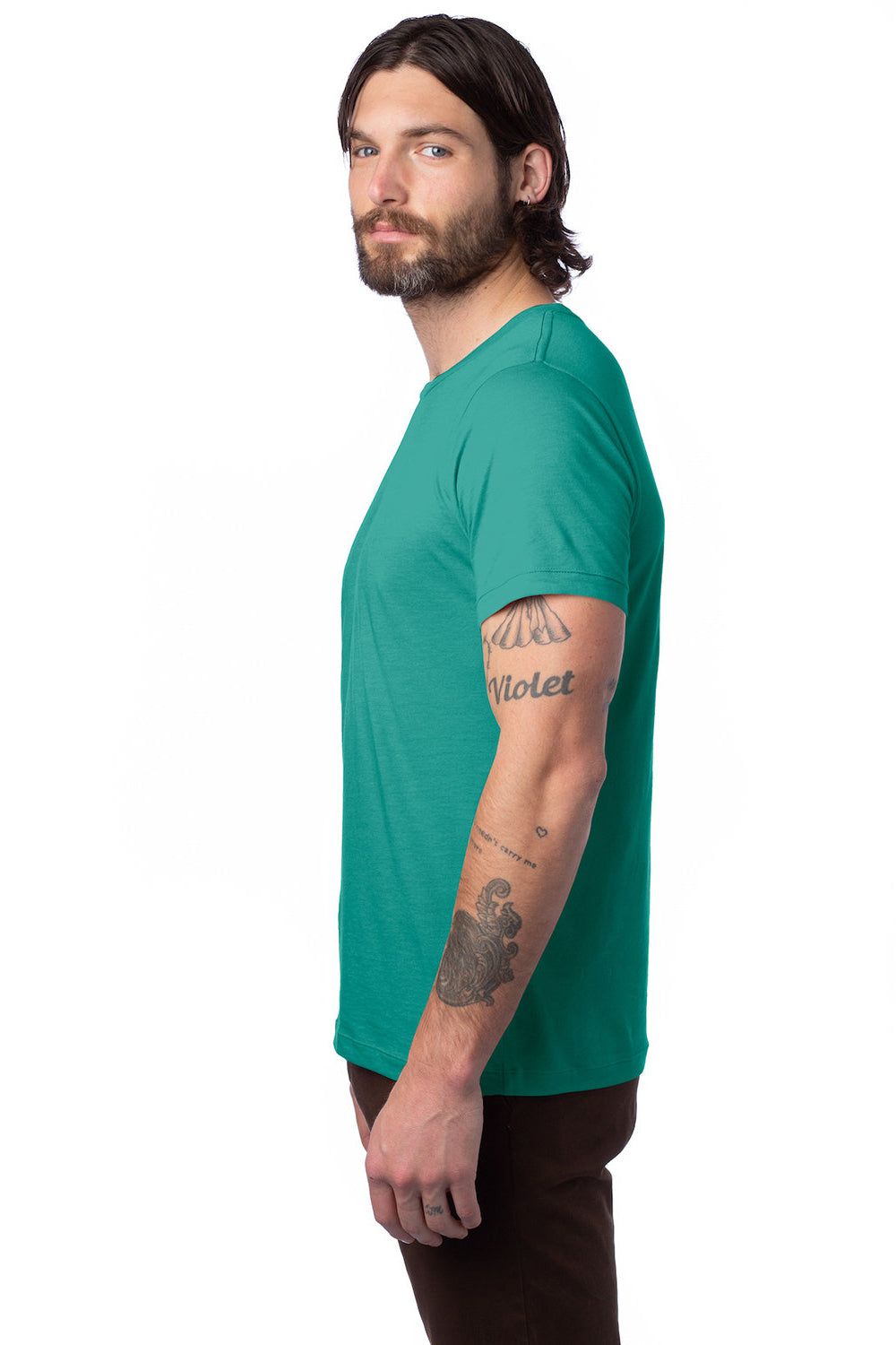 Alternative AA1070/1070 Mens Go To Jersey Short Sleeve Crewneck T-Shirt Aqua Tonic Green Model Side