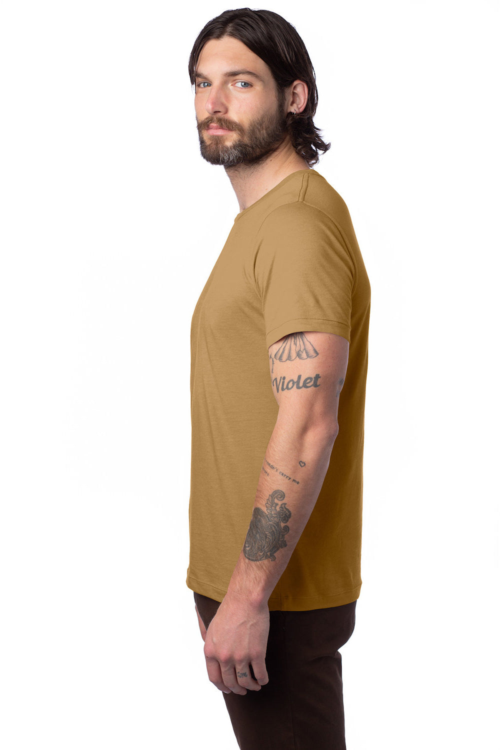Alternative AA1070/1070 Mens Go To Jersey Short Sleeve Crewneck T-Shirt Sepia Brown Model Side