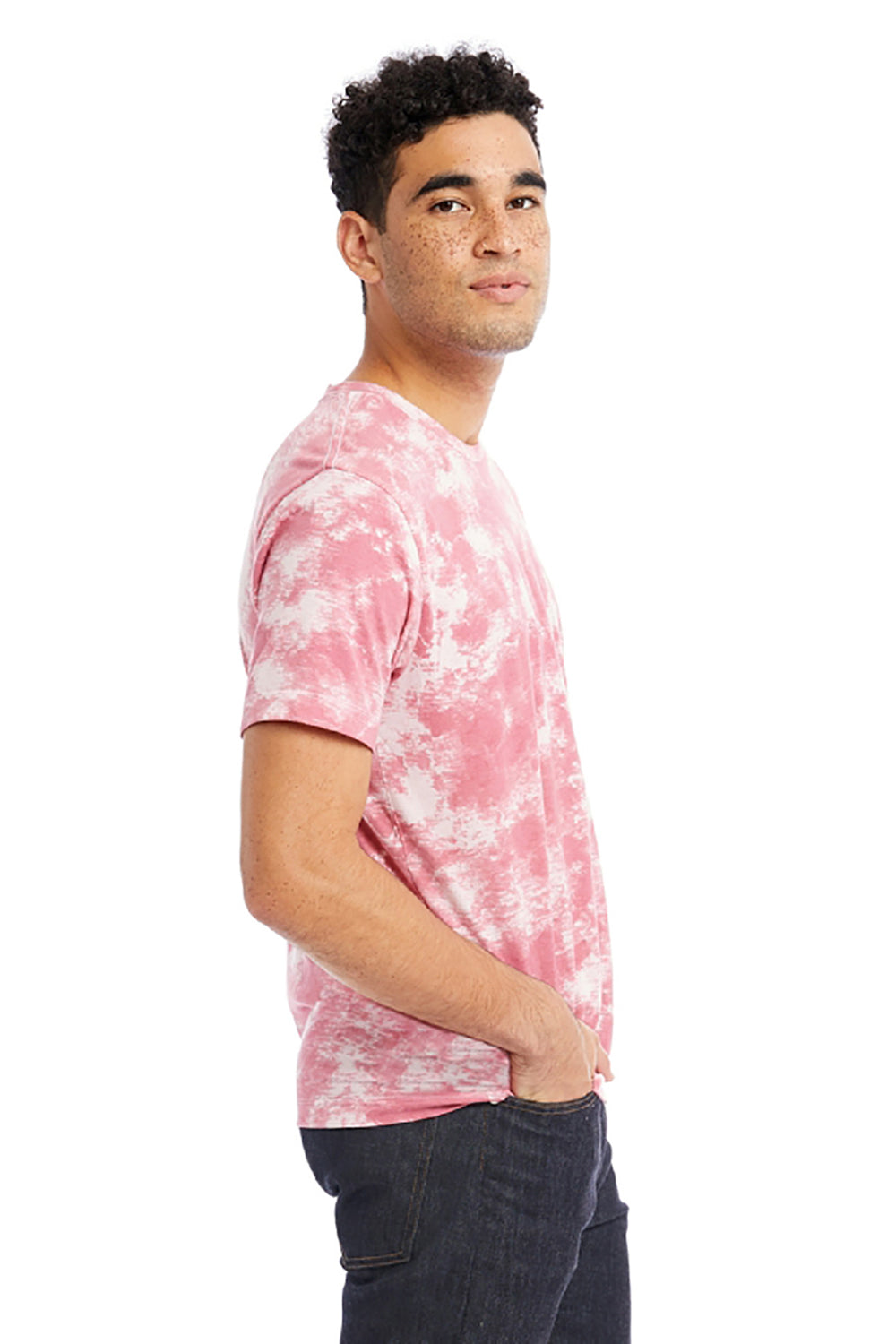 Alternative AA1070/1070 Mens Go To Jersey Short Sleeve Crewneck T-Shirt Pink Tie Dye Model Side