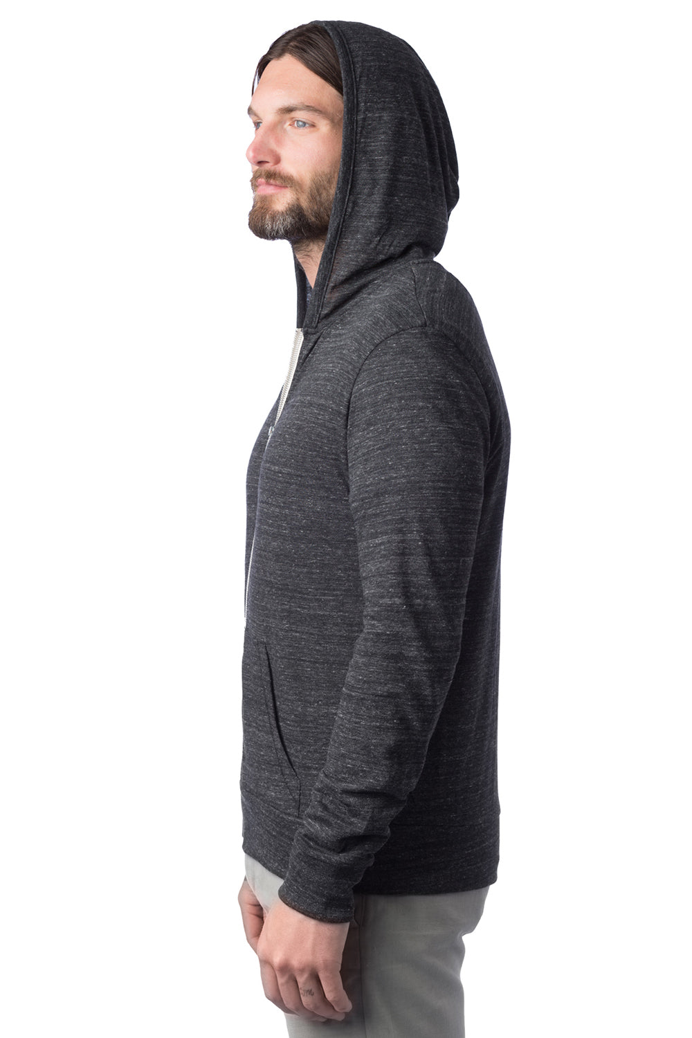 Alternative AA1970/1970E1 Mens Eco Jersey Full Zip Hooded Sweatshirt Hoodie Eco Black Model Side