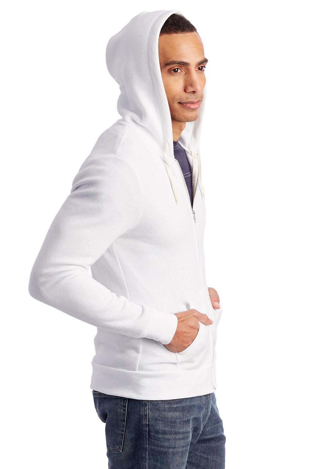 Alternative AA9590/9590 Mens Rocky Eco Fleece Full Zip Hooded Sweatshirt Hoodie Eco White Model Side