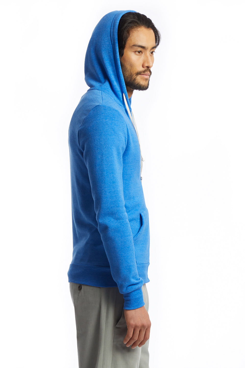 Alternative AA9590/9590 Mens Rocky Eco Fleece Full Zip Hooded Sweatshirt Hoodie Eco True Pacific Blue Model Side