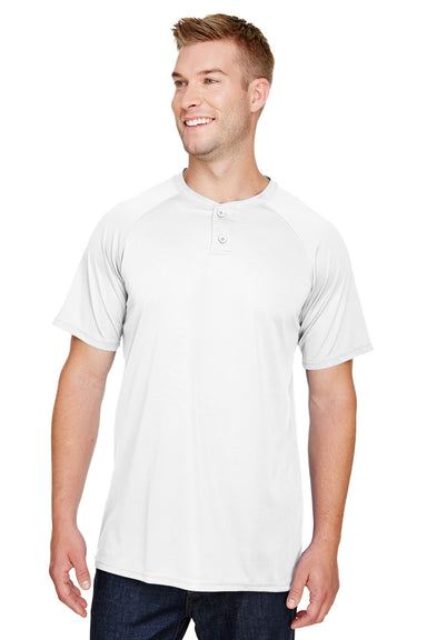 Augusta Sportswear AG1565 Mens Attain 2 Moisture Wicking Button Short Sleeve Baseball Jersey White Model Front