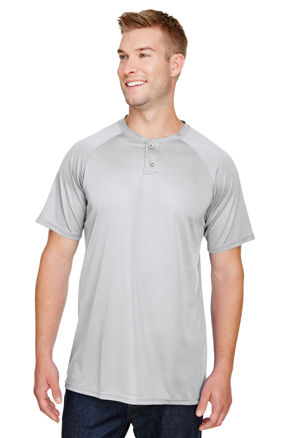 Augusta Sportswear AG1565 Mens Attain 2 Moisture Wicking Button Short Sleeve Baseball Jersey Silver Grey Model Front