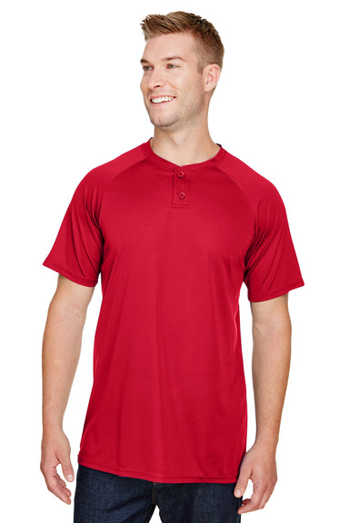 Augusta Sportswear AG1565 Mens Attain 2 Moisture Wicking Button Short Sleeve Baseball Jersey Red Model Front