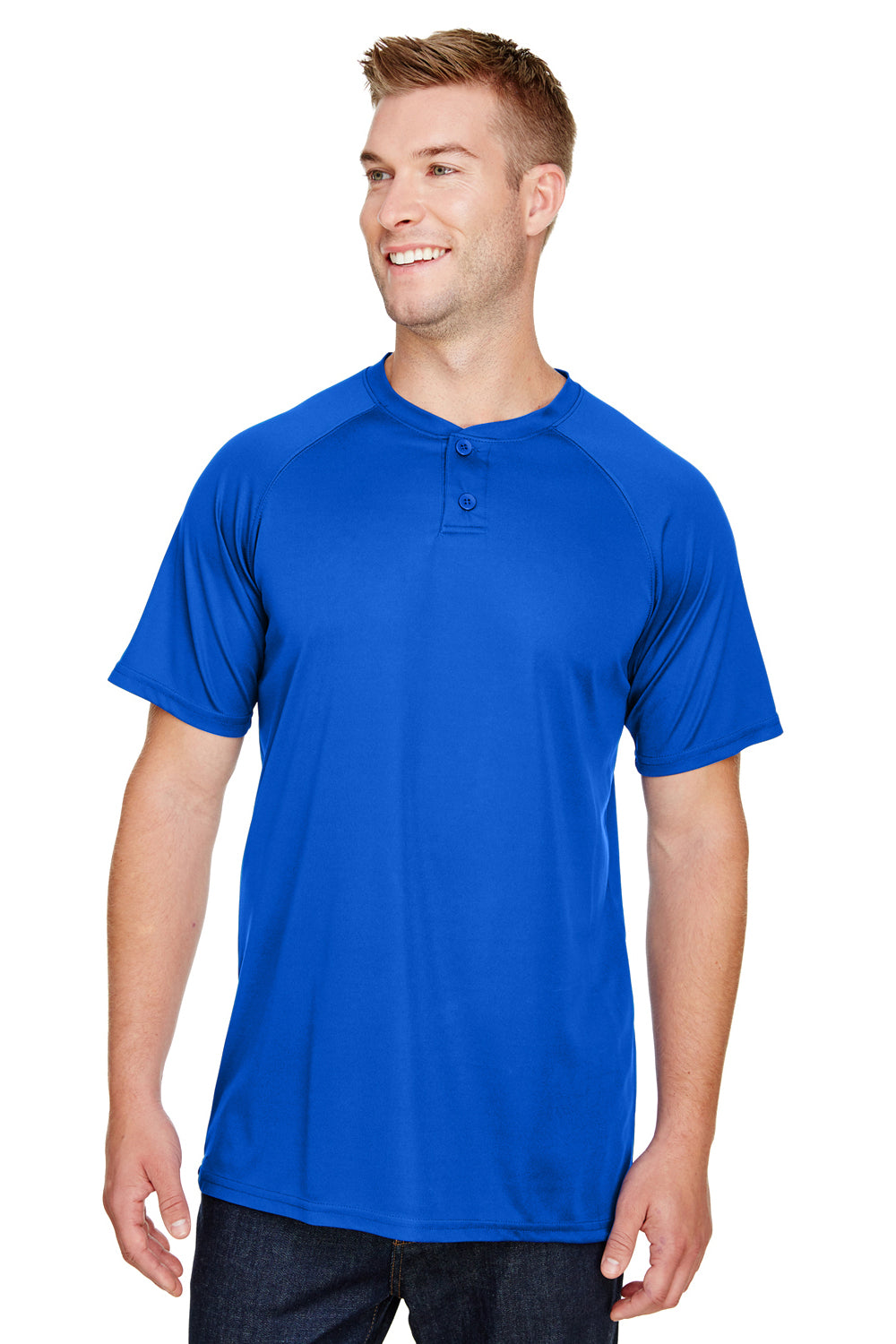 Augusta Sportswear AG1565 Mens Attain 2 Moisture Wicking Button Short Sleeve Baseball Jersey Royal Blue Model Front