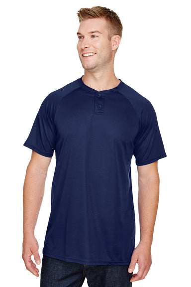 Augusta Sportswear AG1565 Mens Attain 2 Moisture Wicking Button Short Sleeve Baseball Jersey Navy Blue Model Front