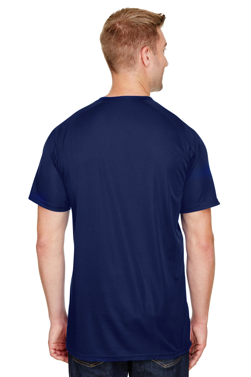 Augusta Sportswear AG1565 Mens Attain 2 Moisture Wicking Button Short Sleeve Baseball Jersey Navy Blue Model Back