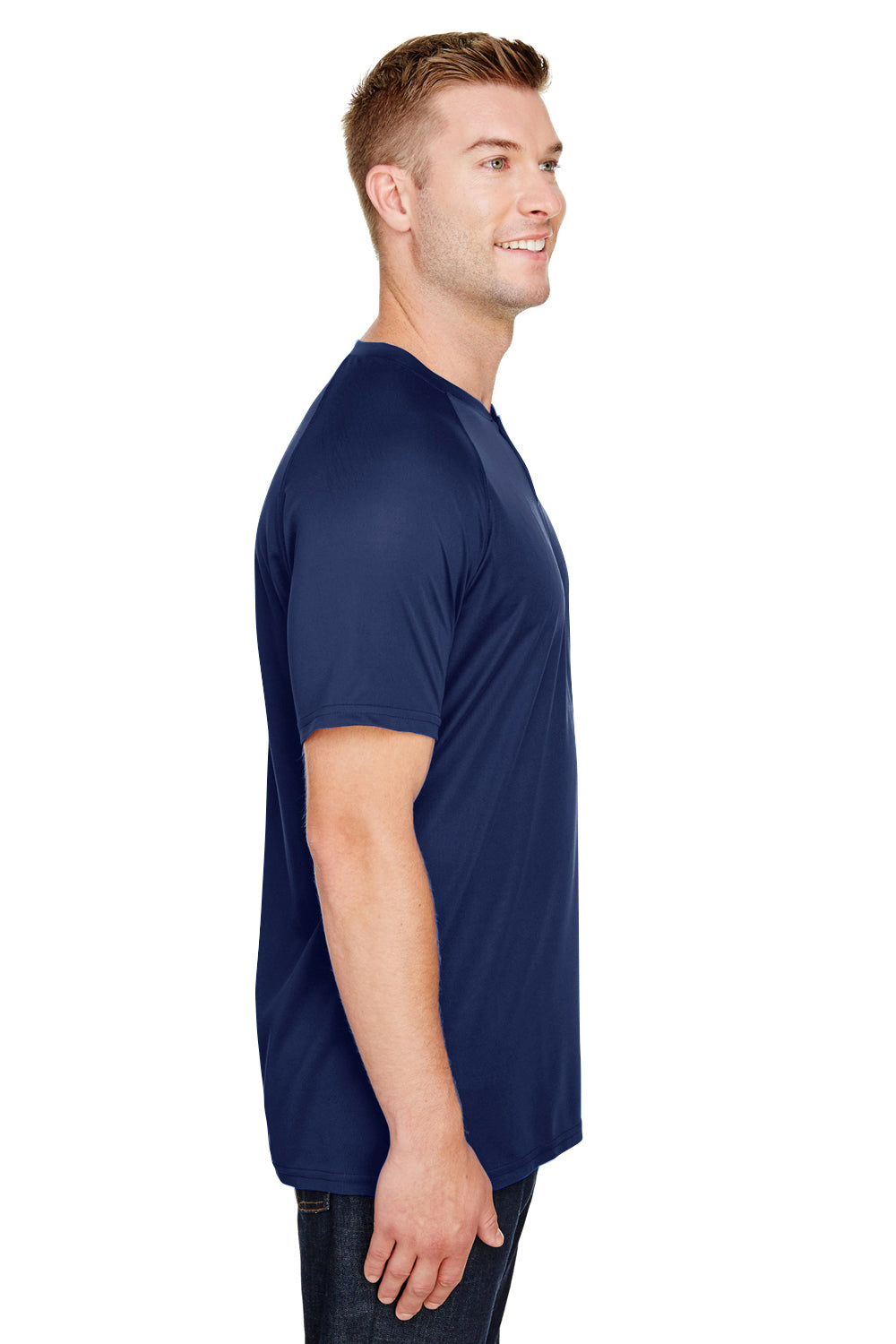 Augusta Sportswear AG1565 Mens Attain 2 Moisture Wicking Button Short Sleeve Baseball Jersey Navy Blue Model Side