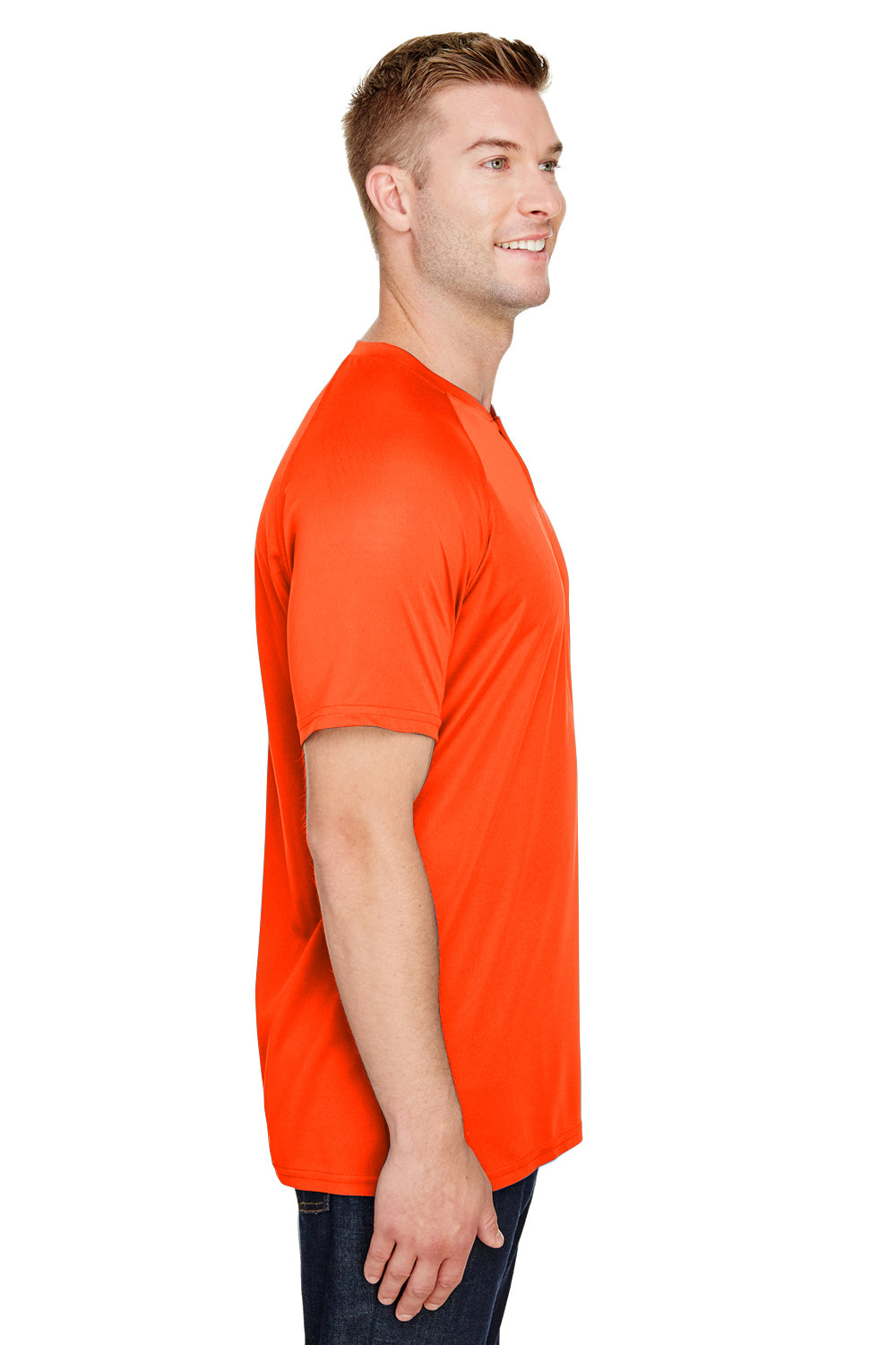 Augusta Sportswear AG1565 Mens Attain 2 Moisture Wicking Button Short Sleeve Baseball Jersey Orange Model Side