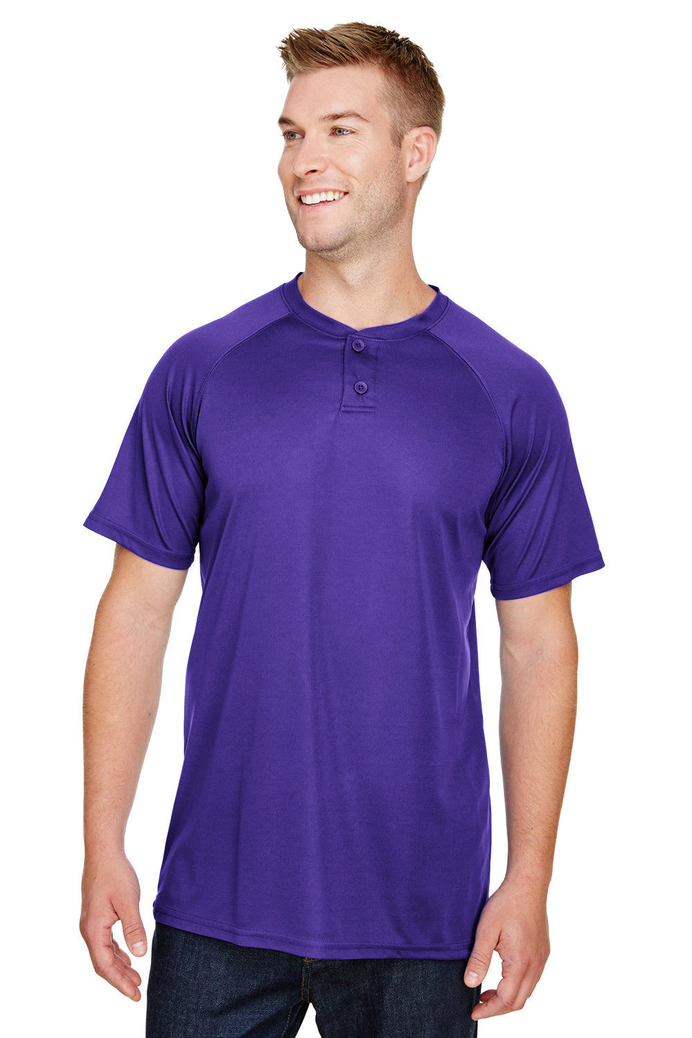 Augusta Sportswear AG1565 Mens Attain 2 Moisture Wicking Button Short Sleeve Baseball Jersey Purple Model Front