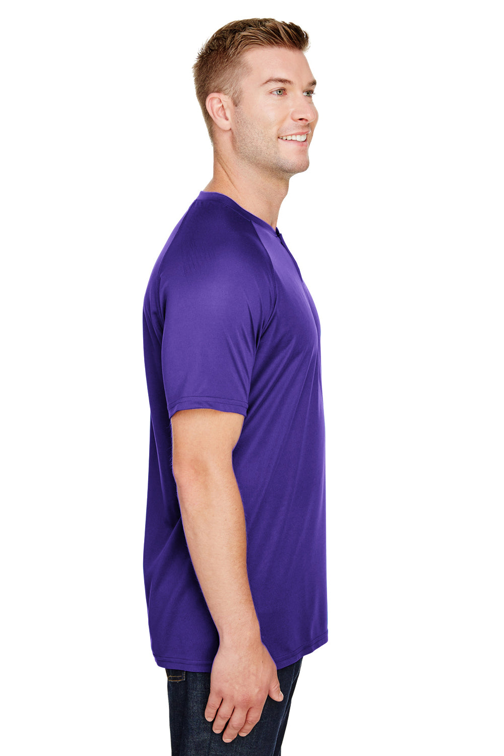 Augusta Sportswear AG1565 Mens Attain 2 Moisture Wicking Button Short Sleeve Baseball Jersey Purple Model Side
