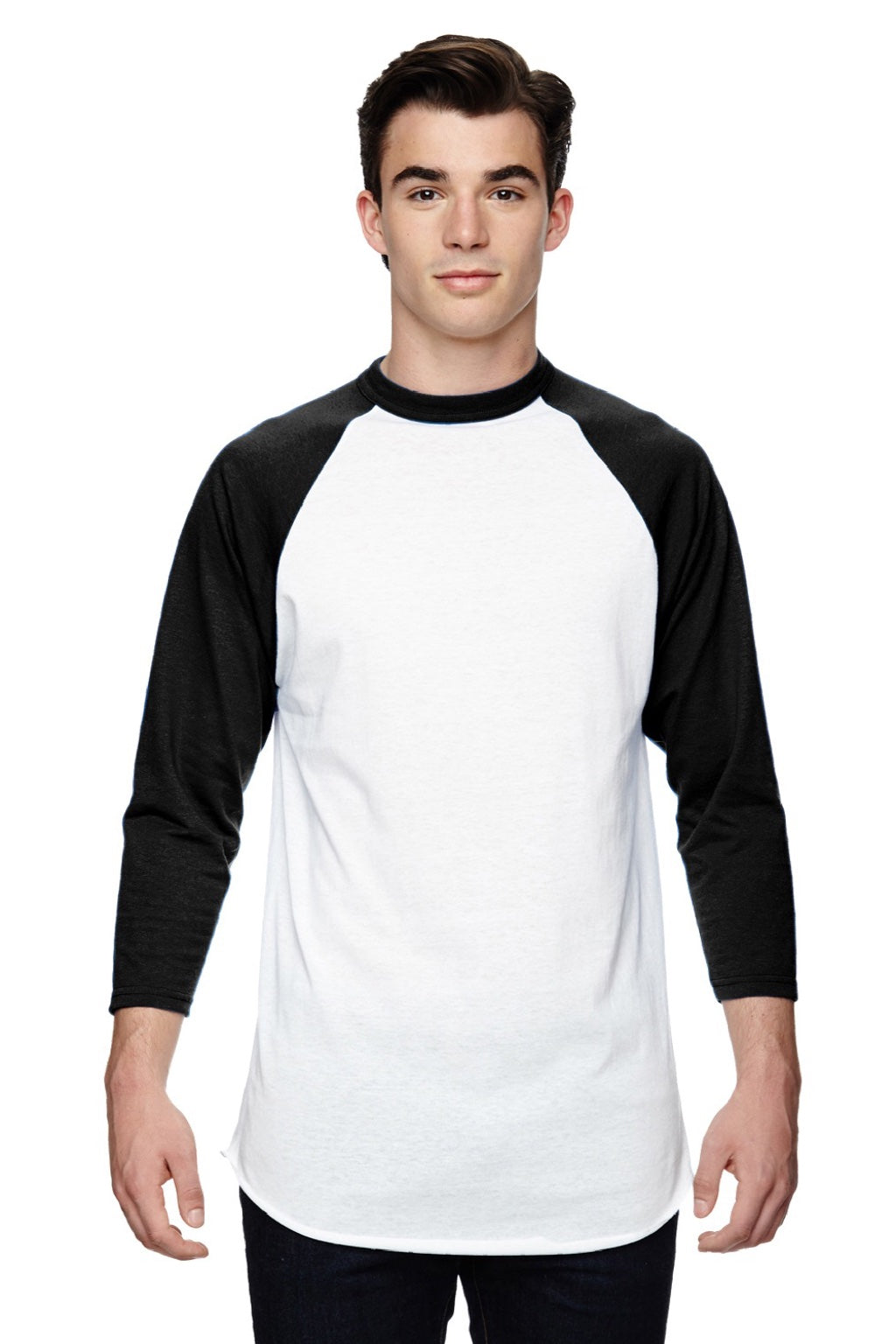 Augusta Sportswear 4420 Mens Raglan 3/4 Sleeve Crewneck T-Shirt White/Black Model Front