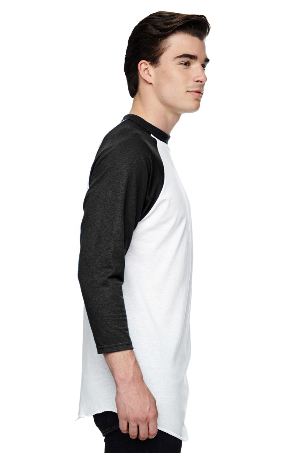Augusta Sportswear 4420 Mens Raglan 3/4 Sleeve Crewneck T-Shirt White/Black Model Side