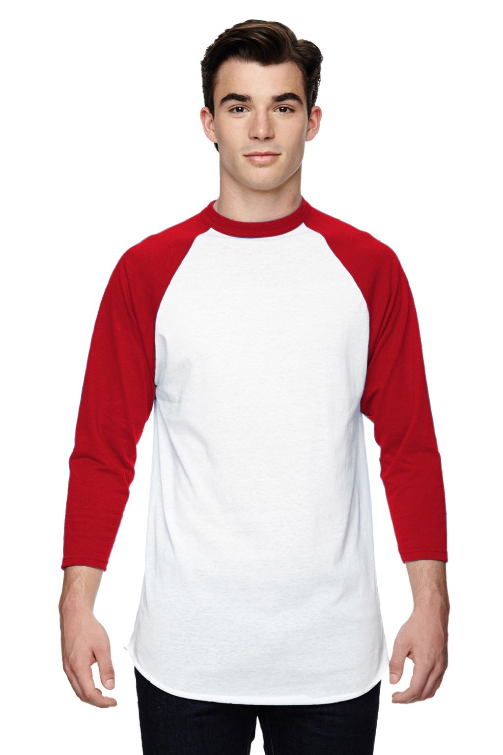 Augusta Sportswear 4420 Mens Raglan 3/4 Sleeve Crewneck T-Shirt White/Red Model Front