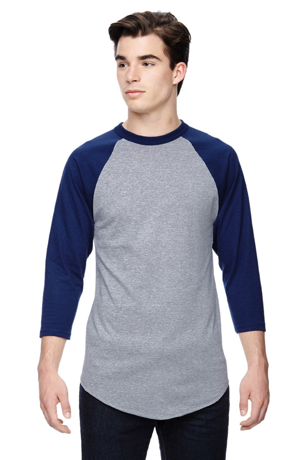 Augusta Sportswear 4420 Mens Raglan 3/4 Sleeve Crewneck T-Shirt Heather Grey/Navy Blue Model Front