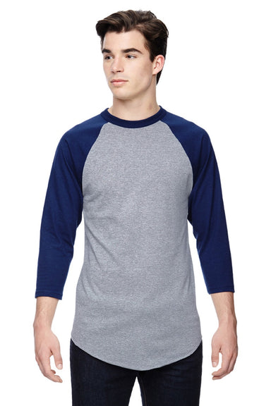 Augusta Sportswear 4420 Mens Raglan 3/4 Sleeve Crewneck T-Shirt Heather Grey/Navy Blue Model Front