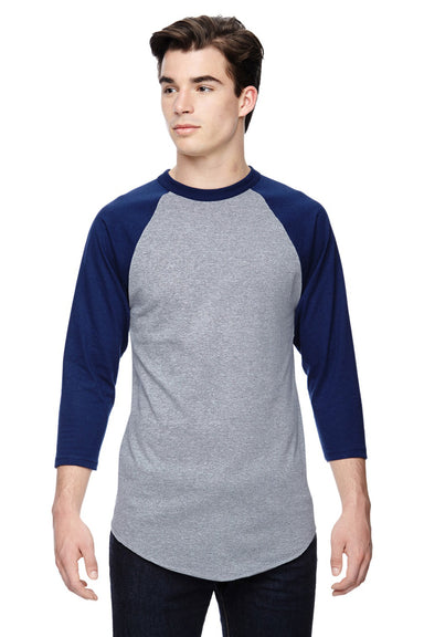 Augusta Sportswear AG4420/4420 Mens 3/4 Sleeve Crewneck T-Shirt Heather Grey/Navy Blue Model Front