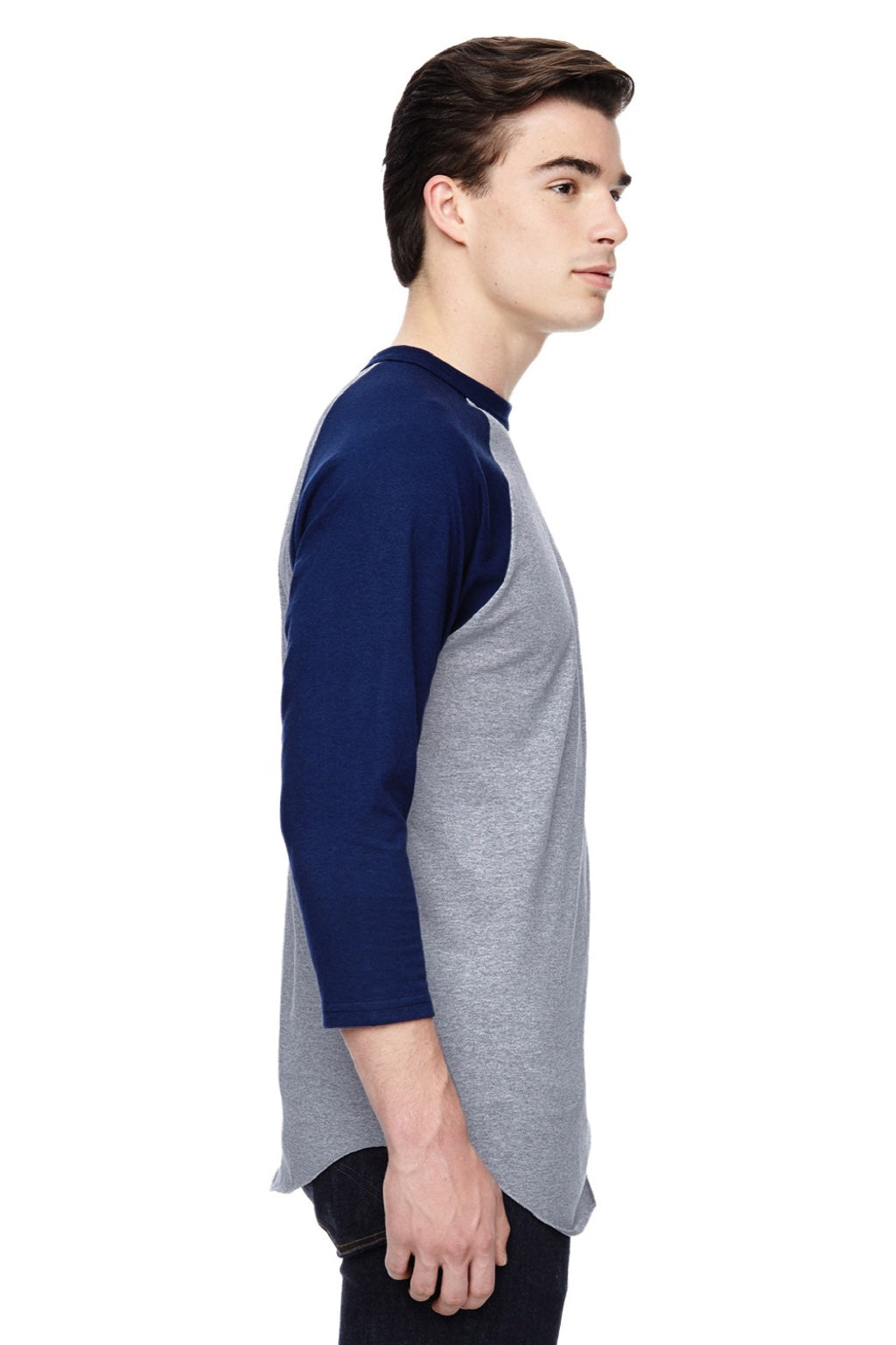Augusta Sportswear 4420 Mens Raglan 3/4 Sleeve Crewneck T-Shirt Heather Grey/Navy Blue Model Back