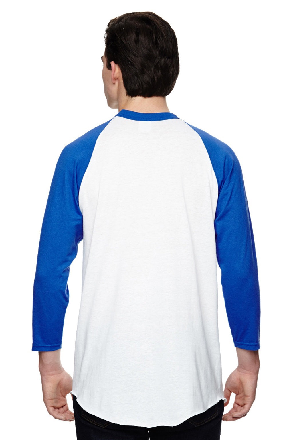Augusta Sportswear 4420 Mens Raglan 3/4 Sleeve Crewneck T-Shirt White/Royal Blue Model Back