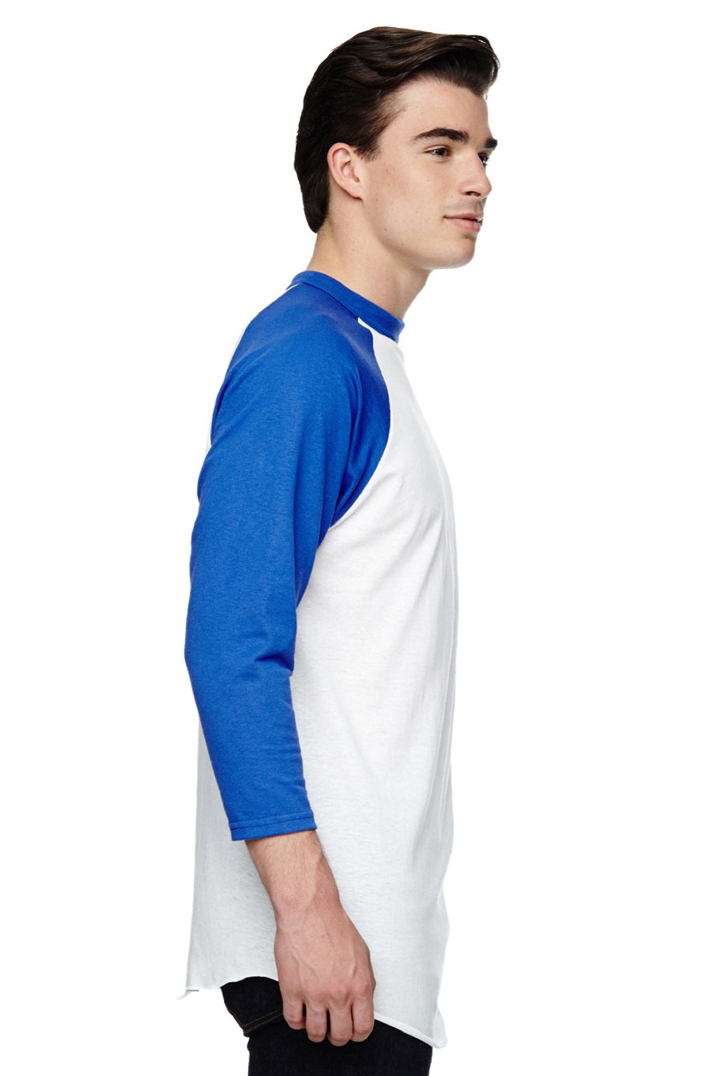 Augusta Sportswear 4420 Mens Raglan 3/4 Sleeve Crewneck T-Shirt White/Royal Blue Model Side