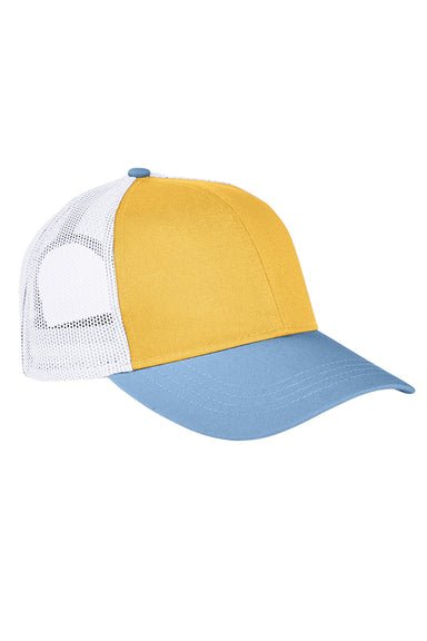 Authentic Pigment AP1919 Mens Tri Color Adjustable Trucker Hat Mustard Yellow/Bay Blue/White Model Flat Front
