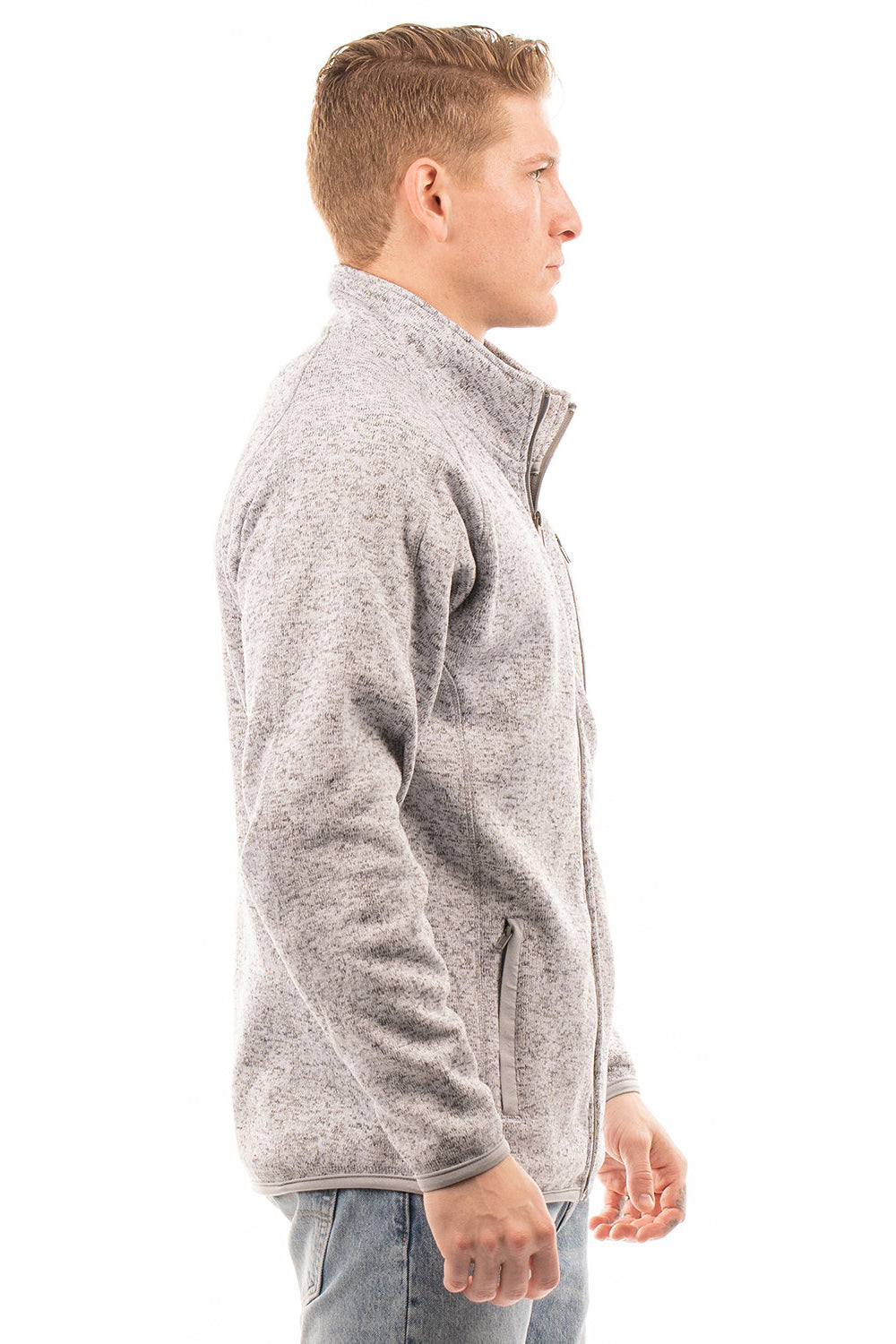 Burnside 3901 Mens Sweater Knit Full Zip Jacket Heather Grey Model Side