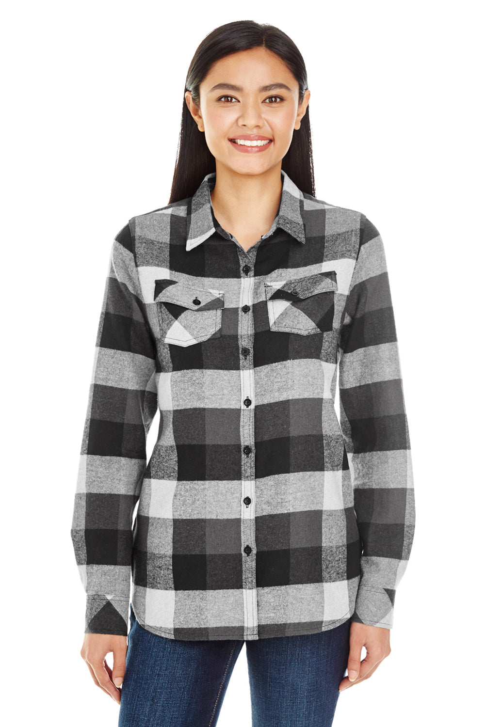 Burnside B5210/5210 Womens Boyfriend Flannel Long Sleeve Button Down Shirt w/ Double Pockets Black Model Front