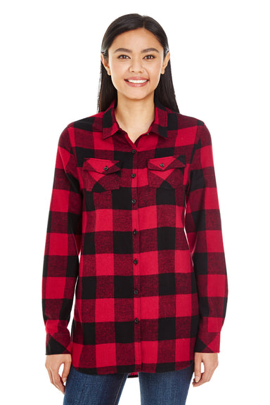 Burnside B5210/5210 Womens Boyfriend Flannel Long Sleeve Button Down Shirt w/ Double Pockets Red/Black Model Front